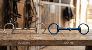 Side by side comparison of a silver stainless steel horse bit and a blue sweet iron horse bit