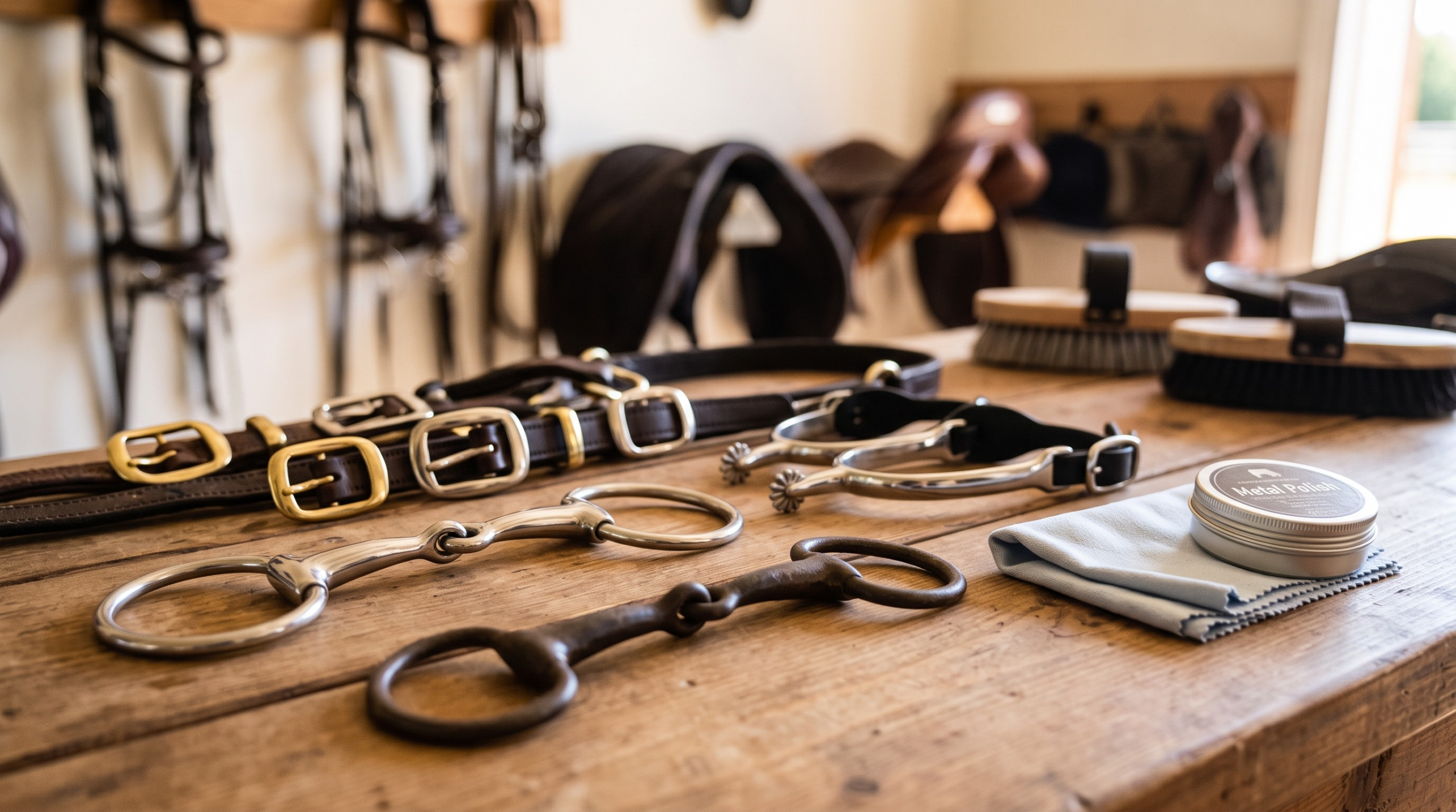 clean equestrian hardware—including various bits, spurs, and buckles—laid out on a rustic wooden tack room workbench.